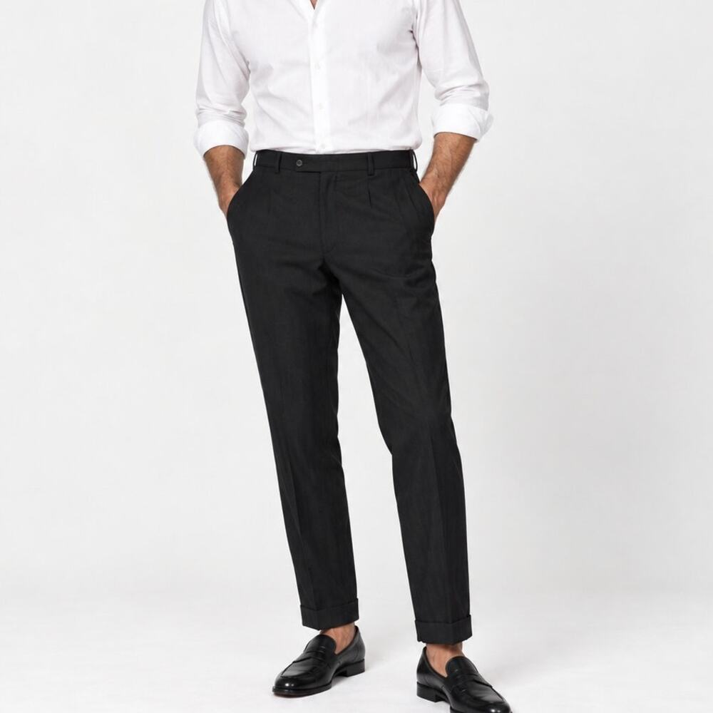 ISAIA Napoli Black Shadow Stripe wool Dress Pants cuffed leg sz 52IT